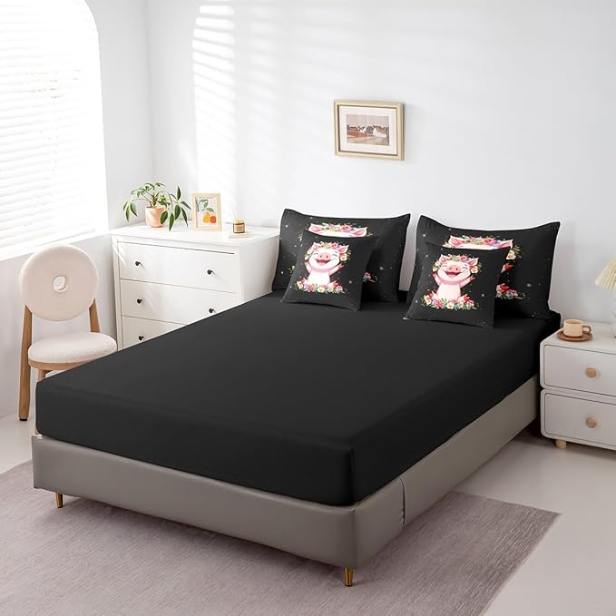 Erosebridal Pink Pig 7 Piece Comforter Set for Girls Kawaii Room Decor King,Rose Floral Leaf Bed in a Bag with Flat Sheet and Fitted Sheet,Cute Farm Animal Cartoon Bedding Set with Pillowcase & Sham