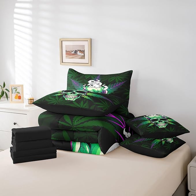 Erosebridal Leaves 7 Pcs Comforter Set Green,Sugar Skull Bed in a Bag with Flat Sheet and Fitted Sheet,Leaves Bedding Set with Pillowcase & Sham,Halloween Top Sheet,Queen