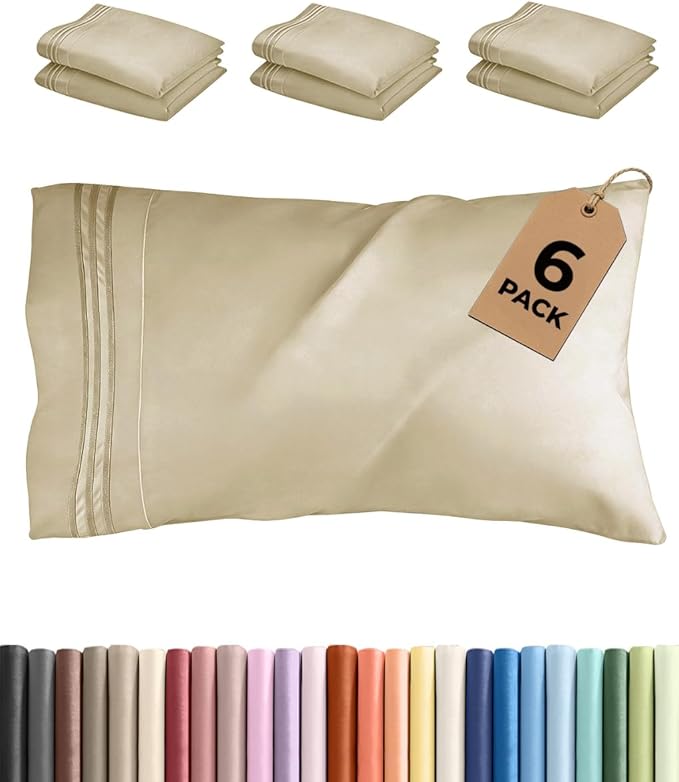 King Pillow Cases Set of 6 - Ultra Soft Hotel Quality Pillowcase Covers - Comfy & Wrinkle Free - Shrink, Stain and Fade Resistant - Easy-Care, Machine Washable Pillow Protectors - 6 Piece Set - Beige