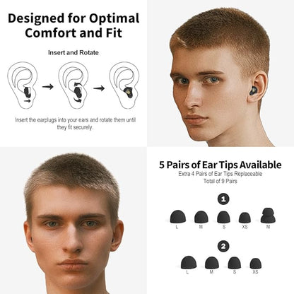 Ear Plugs for Sleeping Earplugs for Concerts Noise Cancelling Reusable Soft Silicone Noise Reduction Earbuds for Travel, Focus, Work 33-45dB Hearing Protection with 9 Ear Tips & Case (Black)