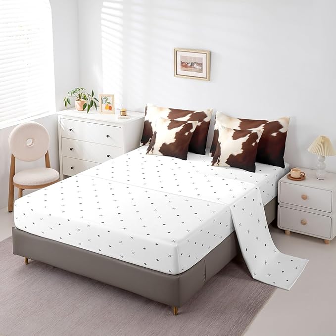 Erosebridal Cowhide Fur Queen Comforter Set 7pcs Brown Beige Cow Printed Bedding Comforter Sets, Wildlife Skin Hair Bed in a Bag Western Aztec Bedding Set, Cowboy Cowgirl Bed Sheets Set