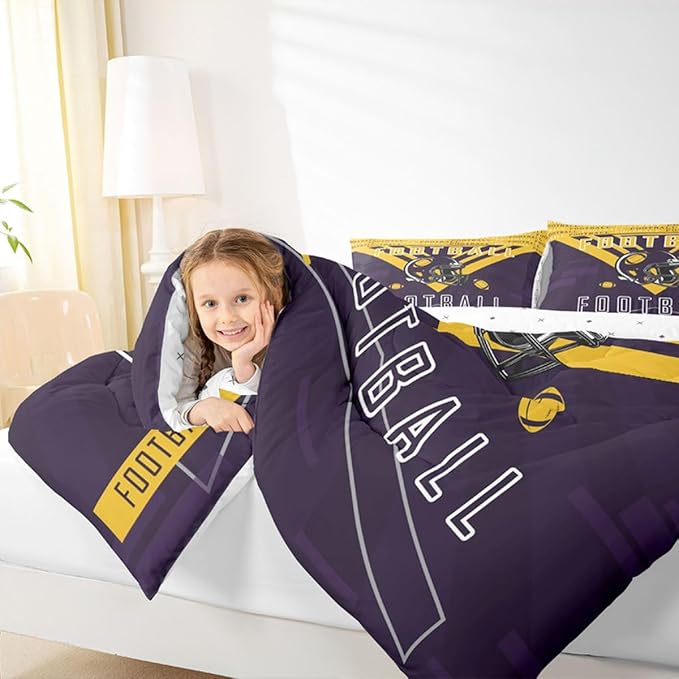 Feelyou Football Bedding Set Boys Girls King Size Women Men Rugby Sports Comforter Football City Duvet Quilt Purple Yellow Room Decor