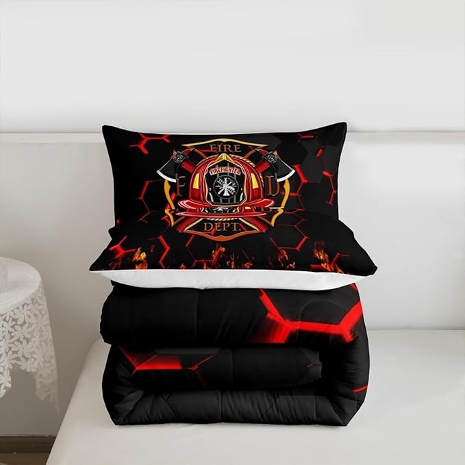 Fire Fighting Kids Comforter Set Queen Size,Fire Fighting Truck Tool Flame Bedding Set,Boys Girls Adults Room Decor,Geometric Honeycomb Hexagon Down Comforter,Red Black Duvet Insert,2 Pillowcases