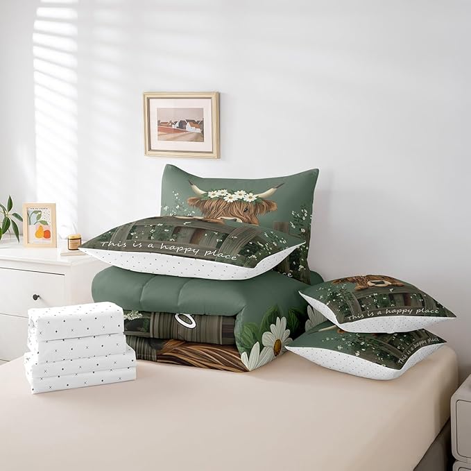 Erosebridal 7Pcs Farmhouse Highland Cow Twin Bedding Sets for Boys Kids Rustic Funny Animal Bed Set, Cute Brown Cow Comforter + Flat Sheet + Fitted Sheet + 2 Pillowcases + 2 Throw Pillow Covers