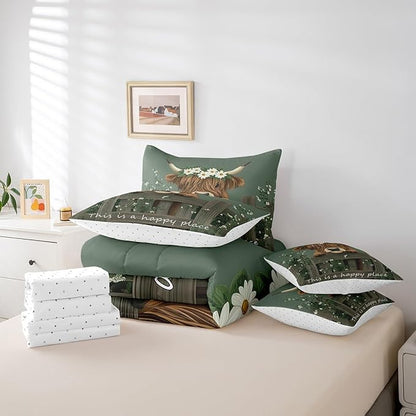 Erosebridal 7Pcs Farmhouse Highland Cow Full Bedding Sets for Boys Kids Rustic Funny Animal Bed Set, Cute Brown Cow Comforter + Flat Sheet + Fitted Sheet + 2 Pillowcases + 2 Throw Pillow Covers