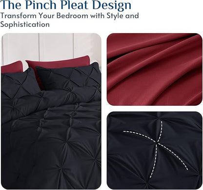 JOLLYVOGUE Cal King Comforter Set 7 Pieces - Bed in a Bag Cal King for All Season, Pintuck Bedding Comforter Sets with Comforter, Flat Sheet, Fitted Sheet and Pillowcases & Shams, Black & Burgundy