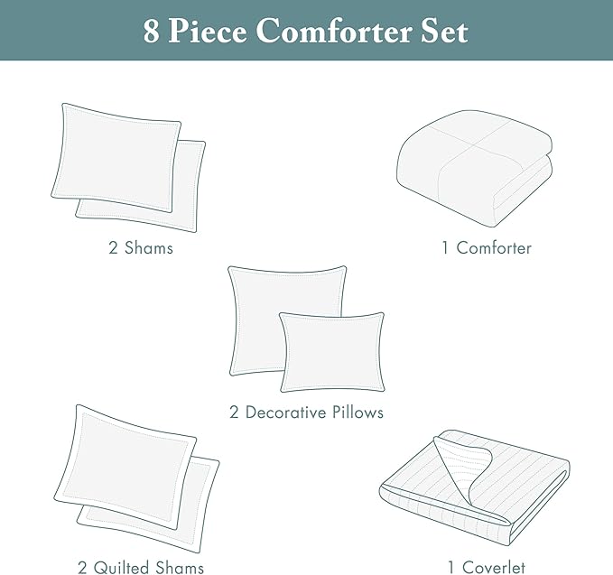 Madison Park Marina Comforter Quilt Combo Set - Modern Luxury Design, All Season Down Alternative Bedding, Matching Shams, Decorative Pillows, Full/Queen(90"x90"), Aqua 8 Piece