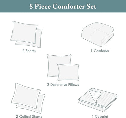 Madison Park Marina Comforter Quilt Combo Set - Modern Luxury Design, All Season Down Alternative Bedding, Matching Shams, Decorative Pillows, King/Cal King(104"x92"), Aqua 8 Piece