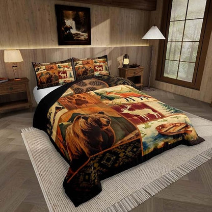 Feelyou Western Rustic Bear Comforter Set King Western Rustic Cabin Bedding Forest Animal Comforter Elk Wildlife Hunting Down Bear Deer Fox Patchwork Quilt Set Nordic Bedroom Decor