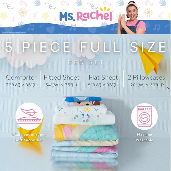Ms. Rachel Educational Adventures Kids Bedding Super Soft Microfiber Comforter and Sheet Set, 5 Piece Full Size, (Officially Licensed Product) by Franco