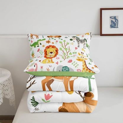 Feelyou Full Size Cartoon Lions Giraffe Comforter Set Zoo Animals Bedding Set Flamingo Zebra Comforter for Kids Boys Girls Kawaii Animals Duvet Insert 3Pcs