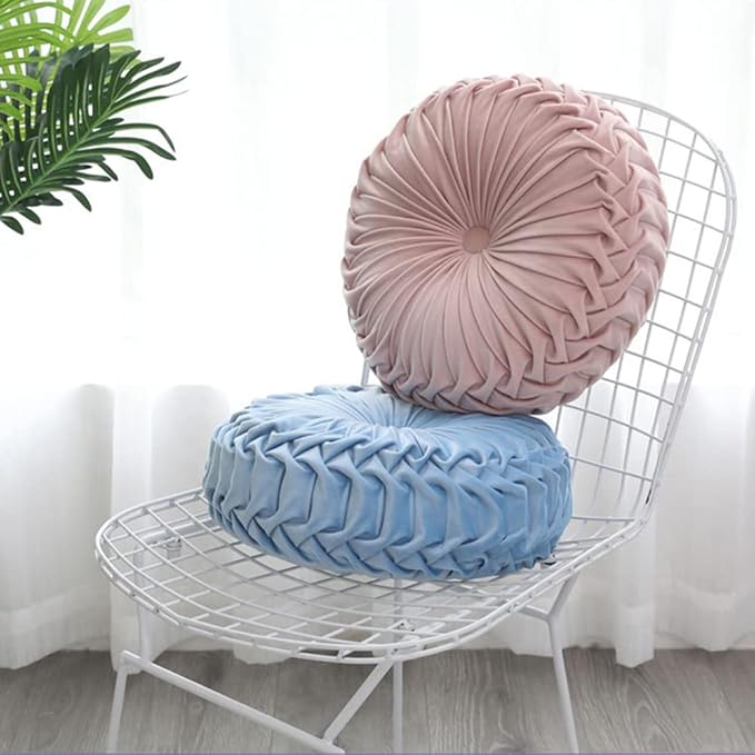 NatureMan 13.7 inch Round Sofa Cushion Pure Color Velvet Home Decor, Pleated Round Cushion, Pumpkin Pillow Suitable for Home Bed car Decoration (Pink)