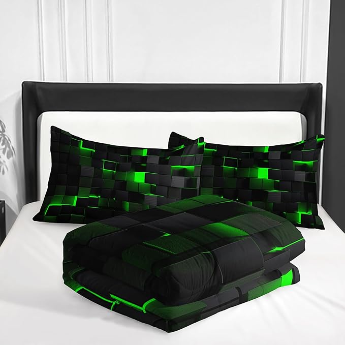Neon Green Black Comforter Set Full Geometric Kids Bedding Set,3 PCS Geometry Honeycomb Bed Set Modern Quilt Set 1 Comforter 2 Pillow Cases Cool Room Decor All Season B-Side Black