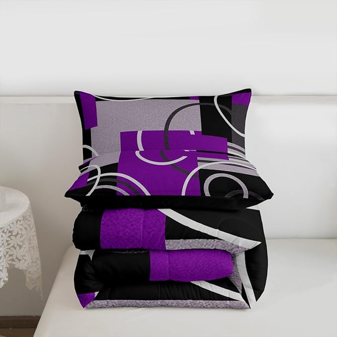 Abstract Stripes Swirls Comforter Set Modern Purple White Quilt Set Geometric Circles Lines Bedding Set Chic Black Grey Duvet Insert Graphic Simple Style Soft Microfiber Bedding Comforter Sets Queen