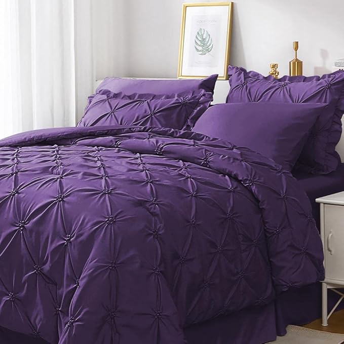 JOLLYVOGUE Purple Twin Size Comforter Sets 5 Pieces, Pintuck Bed in a Bag Comforter Set for Bedroom, Bedding Comforter Sets with Comforter, Sheets,Ruffled Shams & Pillowcases