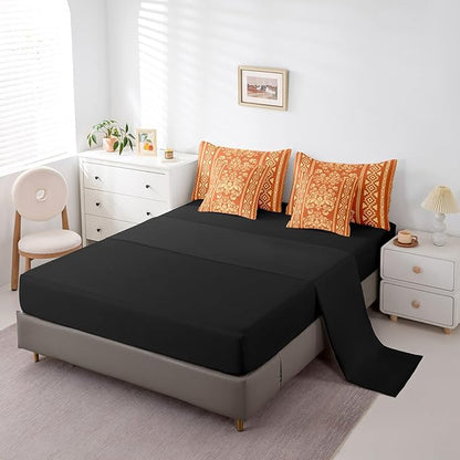 Comforter Set Queen Size, Orange Aztec Damask 7 Pcs Bedding for Kids and Adults, Victorian Decor Western Baroque Goth Bed Sheet Sets with Fitted Sheet 2 Pillowcases & 2 Shams for Bedroom Bed Decor