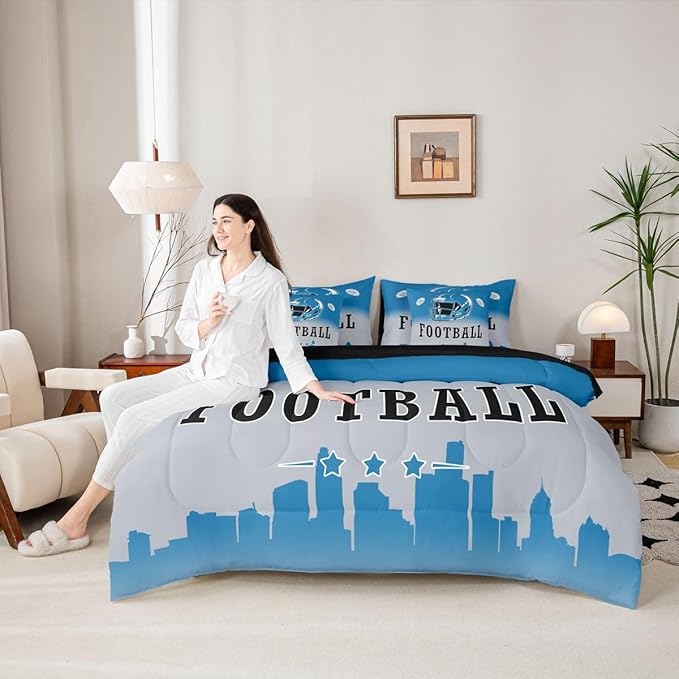 Erosebridal Football Full Bed in A Bag American Rugby Sports 7 Pcs Bedding Set Sports Games Comforter Set with Sheets for Kids Boys Teen,Blue Grey Ombre Football City Sheet Set with Comforter