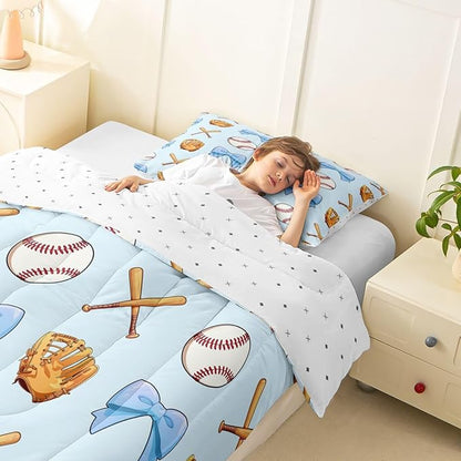 Baseball Bowknot Comforter Set Twin Size,Blue Bow Tie Knot Bedding Sets 2Pcs for Kids Girls Boys Women Room Decor,Baseball Bat Gloves Duvet Insert Ball Sport Games Down Comforter,1 Pillowcase