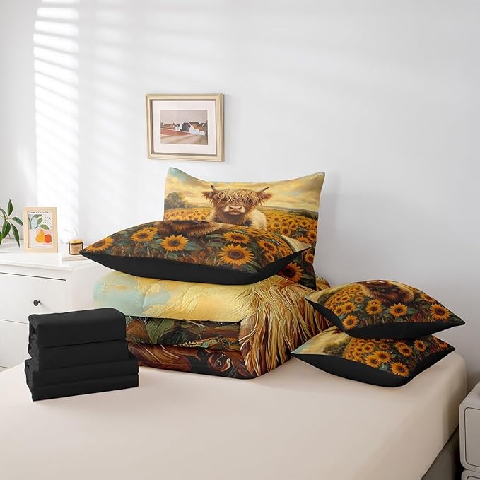 Erosebridal Highland Cow and Sunflowers Bedding Full, Rustic Farmhouse Cows Print Bed Set, Sunflower Decor Farm Animal Comforter + Flat Sheet + Fitted Sheet + 2 Pillowcases + 2 Throw Pillow Covers