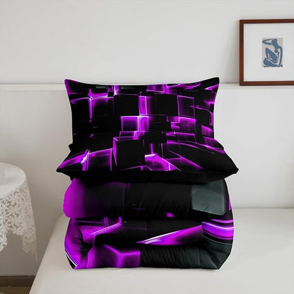 Erosebridal Purple Black Geometric Comforter Set Twin Size 3D Stereoscopic Square Bedding, Glowing Neon Squares Bed Set 2 Piece Gradient Grid Plaid Soft Microfiber Down Comforter
