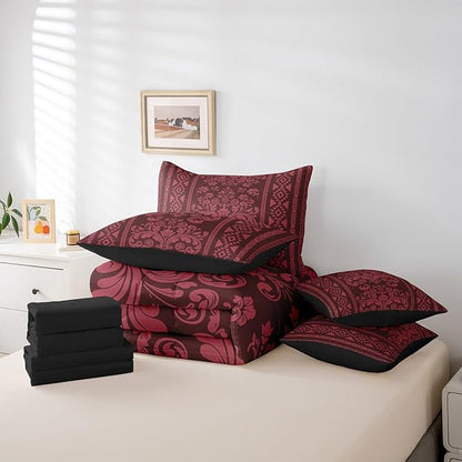 Comforter Set Queen Size, Rusty Red Damask Aztec 7 Pcs Bedding for Kids and Adults, Antique Decor Western Baroque Gothic Bed Sheet Sets with Fitted Sheet 2 Pillowcases & 2 Shams for Bedroom Bed Decor