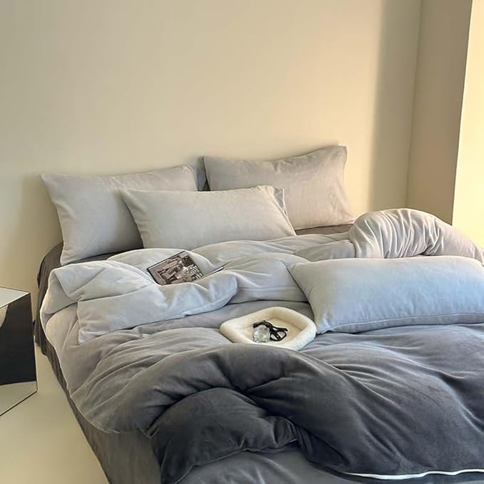 Wellboo Grey Gradient Comforter Set - Queen Size, Silver & Dark Grey Velvet & Flannel Quilts, Modern Farmhouse Abstract Art, Micromink Sherpa Fuzzy Plush Bed