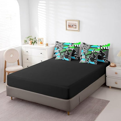jejeloiu Boys Dirt Bike Racer 7 Piece Bedding Set Full Size Motocross Hip Hop Comforter Set with Sheets for Kids Adult Motorcycle Sport Bed in a Bag Blue Green Bed Set