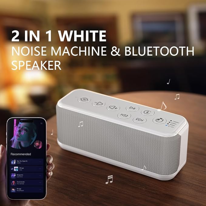 OnLyee White Noise Sound Machine with Bluetooth Speaker, 15 Soothing Sounds for Sleep, Baby & Office Privacy, 3000mAh Rechargeable, Auto-Off Timer, 8-Level Volume (White)