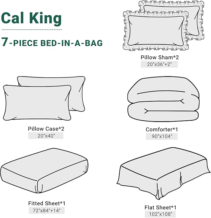 JOLLYVOGUE Green Cal King Size Comforter Sets 7 Pieces, Pintuck Bed in a Bag Comforter Set for Bedroom, Bedding Comforter Sets with Comforter, Sheets,Ruffled Shams & Pillowcases