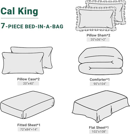 JOLLYVOGUE Green Cal King Size Comforter Sets 7 Pieces, Pintuck Bed in a Bag Comforter Set for Bedroom, Bedding Comforter Sets with Comforter, Sheets,Ruffled Shams & Pillowcases