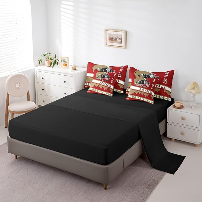 Erosebridal Football 7 Pcs Comforter Set Queen Football Fans Bedding for Men Footballs City Sheet Set Bed in A Bag Red Rugby Competition Room Decor Sports Ball Game Quilt
