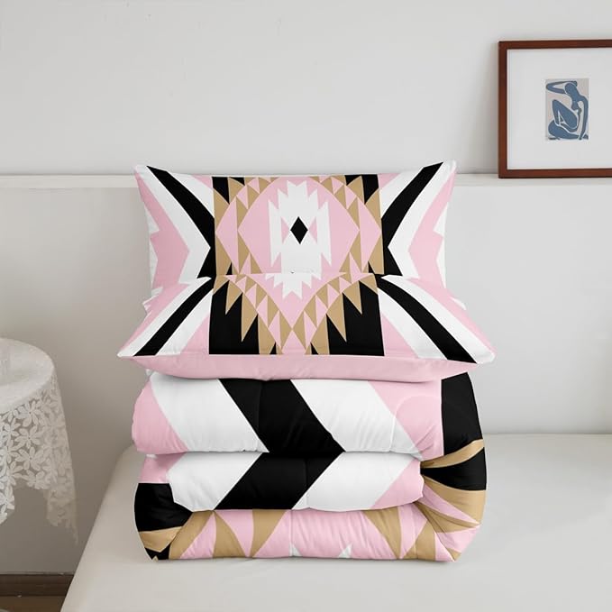 Feelyou Pink Black Boho Western Comforter Set Southwestern Aztec Tribal Full Size Bedding Set for Kids Boys Girls Vintage Geometric Duvet Quilt