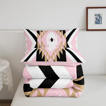 Feelyou Pink Black Boho Western Comforter Set Southwestern Aztec Tribal Full Size Bedding Set for Kids Boys Girls Vintage Geometric Duvet Quilt