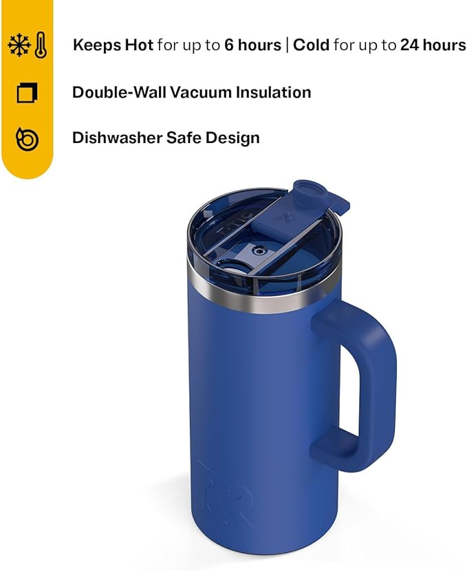 RTIC 16oz Road Trip Travel Mug with Lid and Handle, Ceramic Lined, Insulated, Stainless Steel, Metal, Double Wall Vacuum-Insulation, Portable Coffee, Tea Cup for Hot and Cold Drink, Cobalt