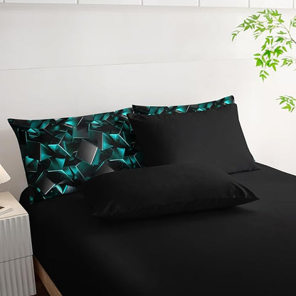 Turquoise Black Geometric Comforter Set Twin Size 7PCS,Abstract Triangular Printed Bedding Set for Adults,Geometric Mordern Art Decor All Seasons with Pillowcases,Flat, Fitted Sheet