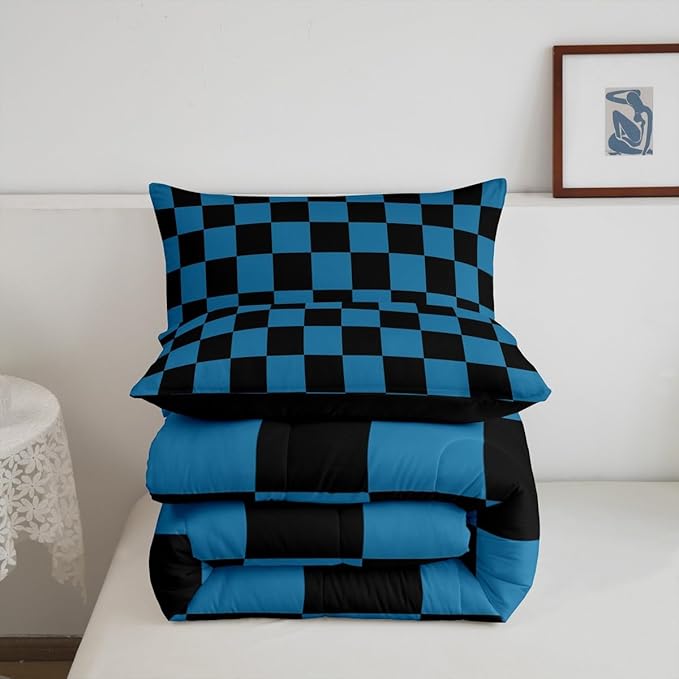Feelyou Checkered Bedding Set Teen Women Men Blue Black Plaid Comforter Set Queen Size Kids Boys Girls Cute Retro Neutral Checkerboard Geometric Duvet Insert Vintage Aesthetic Room Decor