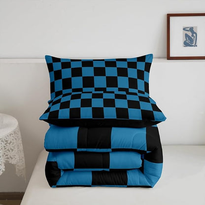 Feelyou Checkered Bedding Set Teen Women Men Blue Black Plaid Comforter Set Queen Size Kids Boys Girls Cute Retro Neutral Checkerboard Geometric Duvet Insert Vintage Aesthetic Room Decor