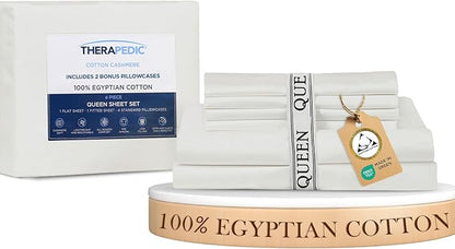 Therapedic 100% Egyptian Cotton Queen 6-Piece Sheet Set – Naturally Cooling & Breathable Sateen, Preshrunk Garment Wash, 16" Deep Pocket Fitted Sheet, Bonus Pillowcases, Soft & Durable - White
