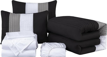 Chezmoi Collection Briar 7-Piece California King Bed in a Bag - All Season Lightweight Microfiber Comforter Set - Includes Sheets & Shams - Black/Gray/White Pleated Stripe Design