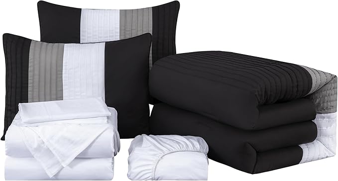 Chezmoi Collection Briar 7-Piece Full Bed in a Bag - All Season Lightweight Microfiber Comforter Set - Includes Sheets & Shams - Black/Gray/White Pleated Stripe Design