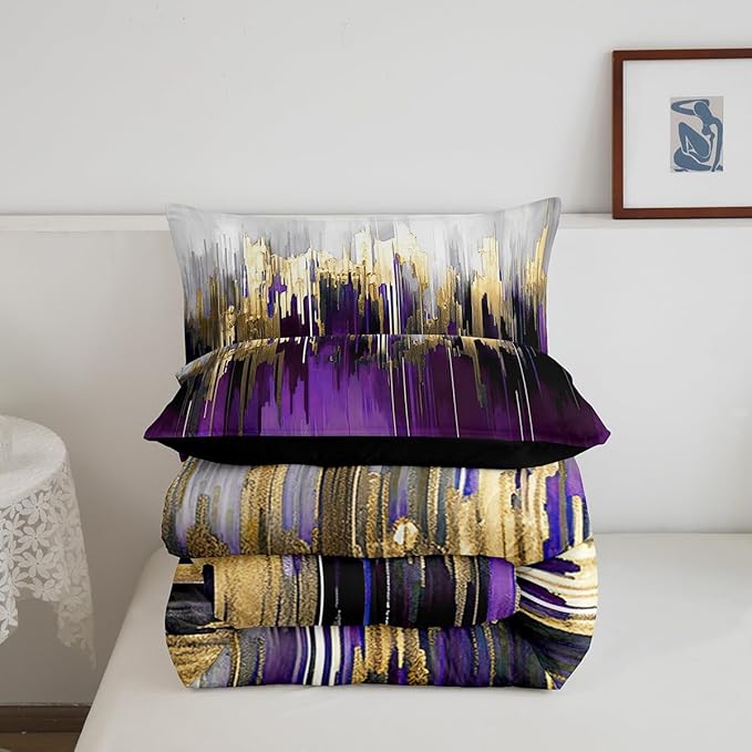 Purple Bedding King Watercolor Graffiti Comforter Set, Striped Oil Painting Duvet Insert Aesthetic Modern Down Comforter, Ombre Brush Marks Contemporary Bedding Comforter Sets Metallic Gold Decor
