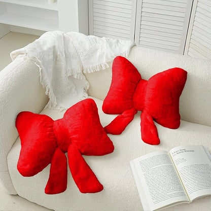2Pack Soft Furry Bow Throw Pillows Cute Bowknot Plush Pillow Home Decor Stuffed Bow Lumbar Pillow for Bed Couch Living Room Decor (Red)