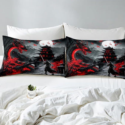 Erosebridal Dragon Bedding Set Toddler Size, Japanese Style Comforter Set for Teens Youth Adult Men Room, Ancient Animal Quilt, Retro Wildlife Ukiyo-E Down Comforter, Black Grey Red