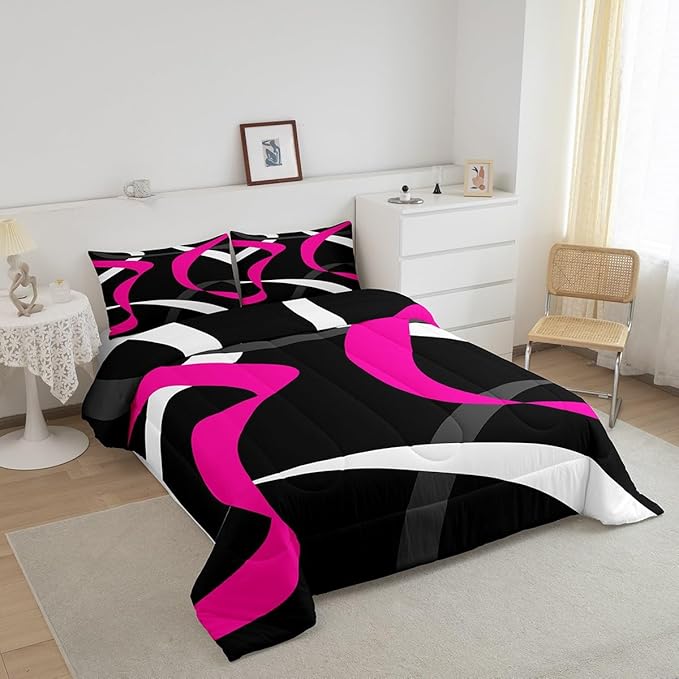 Erosebridal Grey Black Hot Pink Bedding Comforter Sets Gray White Striped Abstract Bedding Set King for Kids Girls Teen Women Geometric Stripes Down Comforter Modern Fashion Quilt Duvet