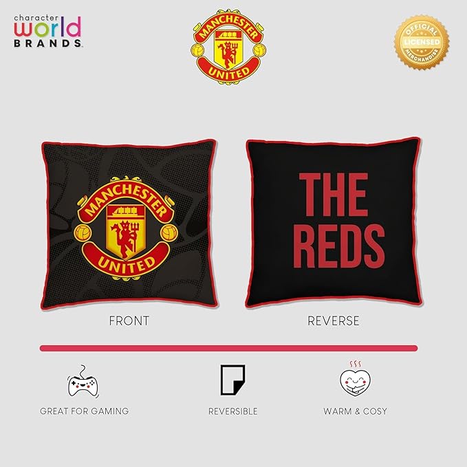 Character World Manchester United FC Official Red Cushion, Super Soft Reversible 2 Sided, Soccer Club Design, Perfect for Any Bedroom, Sofa or on The Bed 16 x 16 Inches