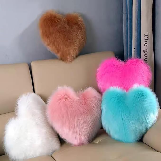 HANDKEI Love Pillow, Heart-Shaped Long Plush, Pink Imitation Wool, Living Room Sofa, Cute Cushion, Bedside Cushion (Grey, 13.77 inch X 17.71 inch)
