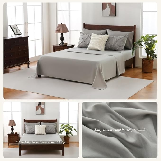 Sheet&Joy Queen Comforter Set, 7-Piece Bed in a Bag, Pintuck Bedding Sets for All Season, Includes Comforter, Flat Sheet, Fitted Sheet, Pillowcases and Pillowshams, Grey