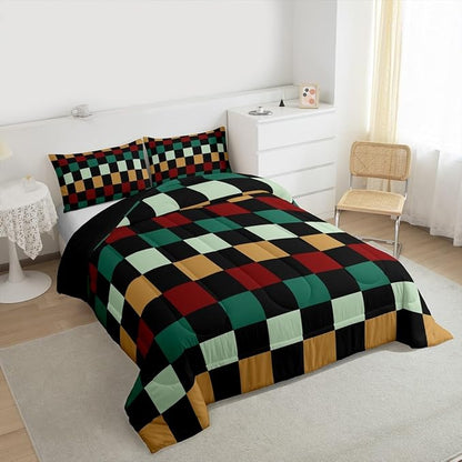 Checkered Retro Comforter Set Queen Size Green Red Yellow Plaid Bedding Set for Kids Boys Girls Geometric Vintage Duvet Quilt Modern Simple Groovy Aesthetic Bedroom Decor 3 Pcs with 2 Pillow Cases