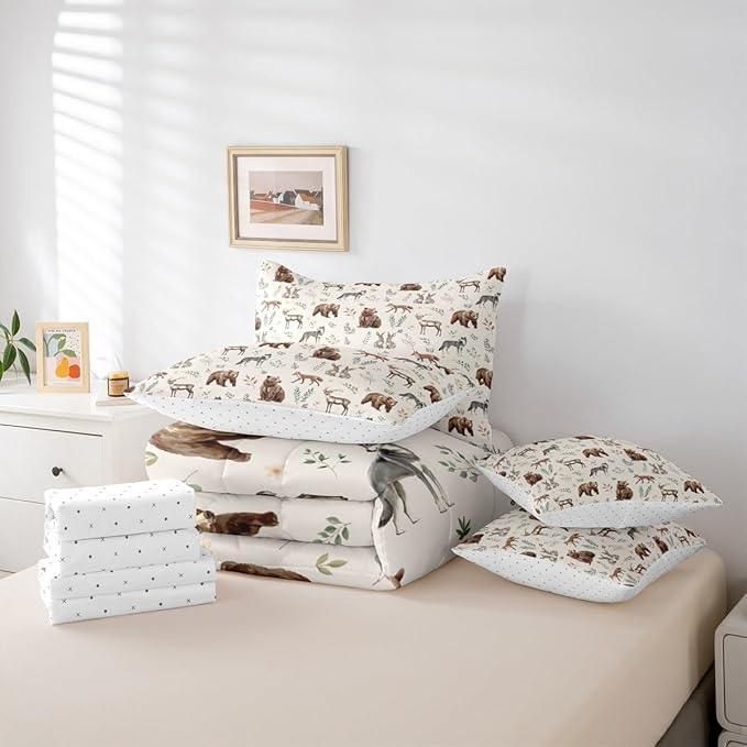 Erosebridal Woodland Animals 7 Piece Comforter Set Twin Size Bear Deer Hunting Theme Bedding Set for Kids Child Bedroom | Cartoon Rabbit Wolf Fox Wildlife Duvet Insert Rustic Cabin Lodge Decor Sheets