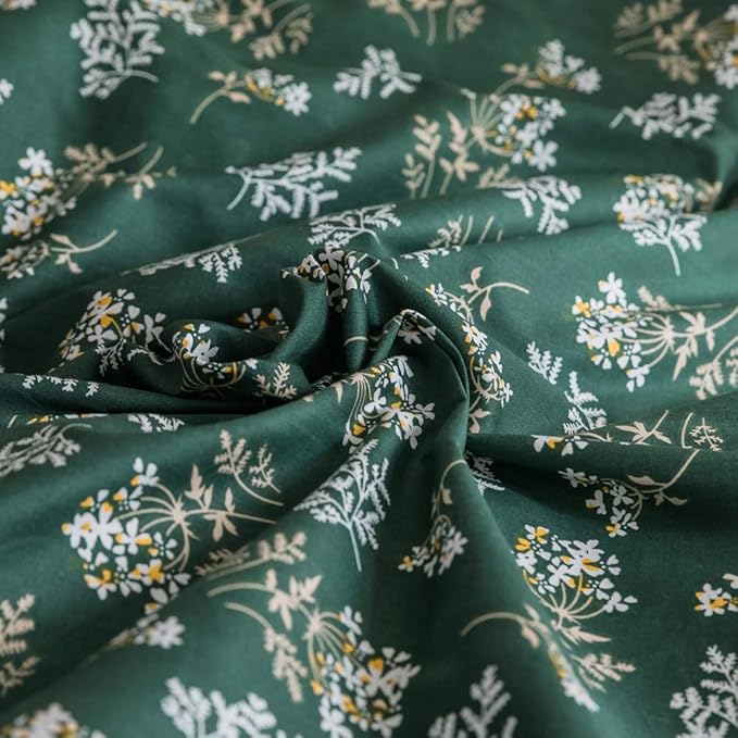 mixinni Twin XL Comforter Set Floral, Green Comforter Twin XL Size Fluffy, Cottagecore White Small Flowers Leaves Comforter with 2 Pillow Cases for All Seasons-3 Pieces